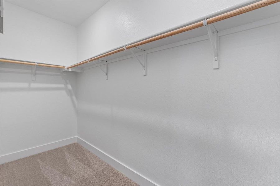 Customizable storage solutions await in this naturally illuminated walk-in closet. Customizable storage solutions await in this naturally illuminated walk-in closet.