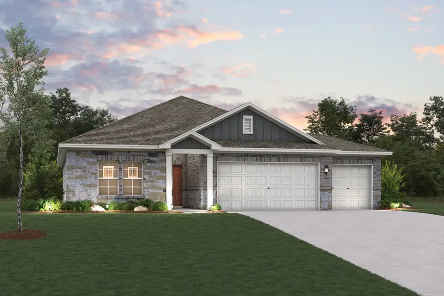 Front exterior of a new home in Prestige Collection at Overland Grove, Forney, TX, highlighting curb appeal (Image 1).