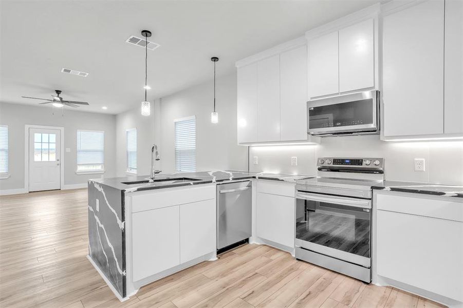 Kitchen featuring pendant lighting, light hardwood / wood-style flooring, appliances with stainless steel finishes, sink, and ceiling fan