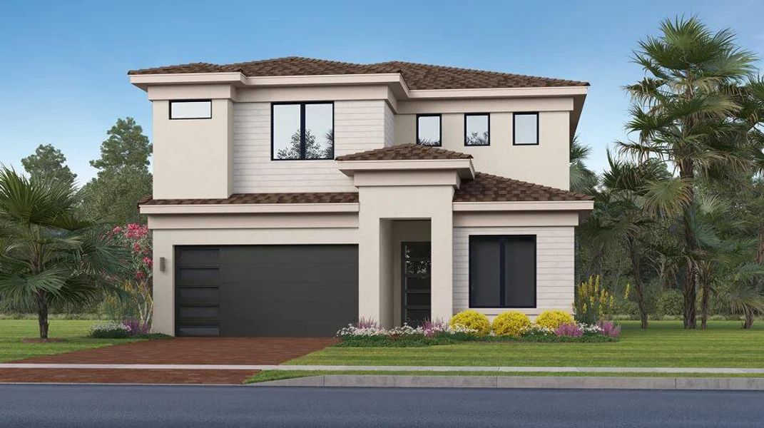 Front exterior of a new home in Lotis Wellington: The Promenade Collection, Wellington, FL, highlighting curb appeal (Image 1). Front exterior of a new home in Lotis Wellington: The Promenade Collection, Wellington, FL, highlighting curb appeal (Image 1).