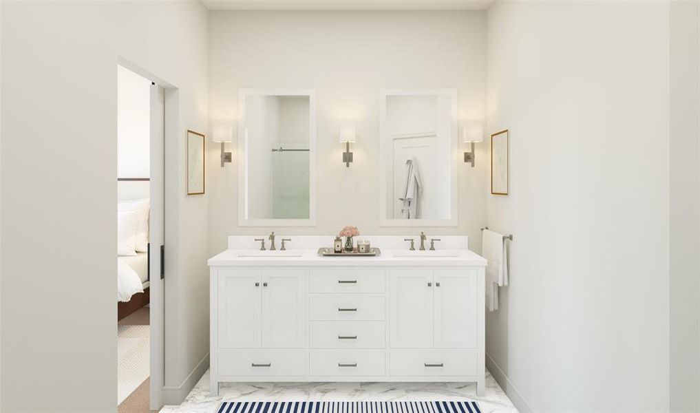 Relaxing primary bath with dual sinks (*Artist rendering used for illustration purposes only.) Relaxing primary bath with dual sinks (*Artist rendering used for illustration purposes only.)