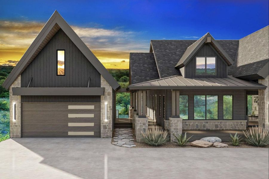 View of front of house featuring concrete driveway, stone siding, a porch, a garage, and a standing seam roof View of front of house featuring concrete driveway, stone siding, a porch, a garage, and a standing seam roof