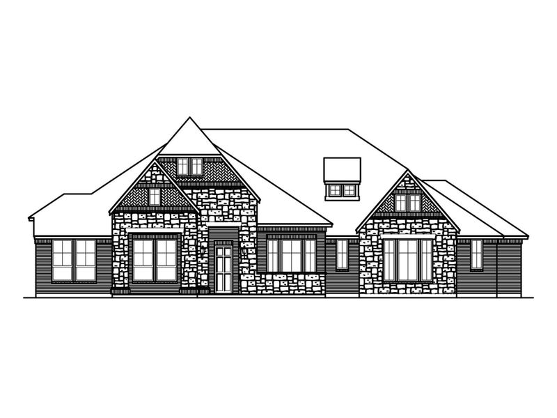 Black and white line drawing of a single-story home exterior with stone accents, multiple gabled rooflines, and large windows. Black and white line drawing of a single-story home exterior with stone accents, multiple gabled rooflines, and large windows.
