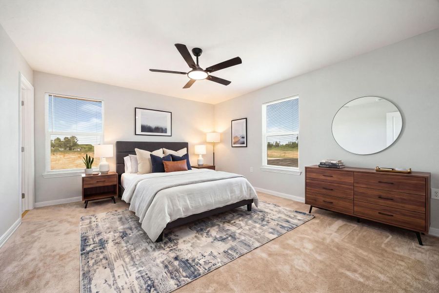 Spacious and inviting primary bedroom featuring thoughtful virtual staging to highlight the room's generous proportions and versatile layout. This serene retreat offers abundant natural light, ample space for a king-sized bed and serves as a blank canvas for your personal design style. Spacious and inviting primary bedroom featuring thoughtful virtual staging to highlight the room's generous proportions and versatile layout. This serene retreat offers abundant natural light, ample space for a king-sized bed and serves as a blank canvas for your personal design style.