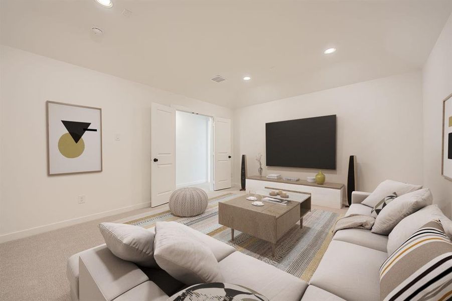 Virtually staged photo - Living area with light carpet and recessed lighting Virtually staged photo - Living area with light carpet and recessed lighting