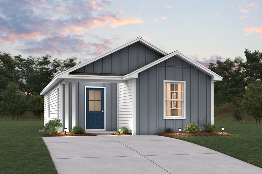 Front exterior of a new home in Mossy Head, Defuniak Springs, FL, highlighting curb appeal (Image 1).