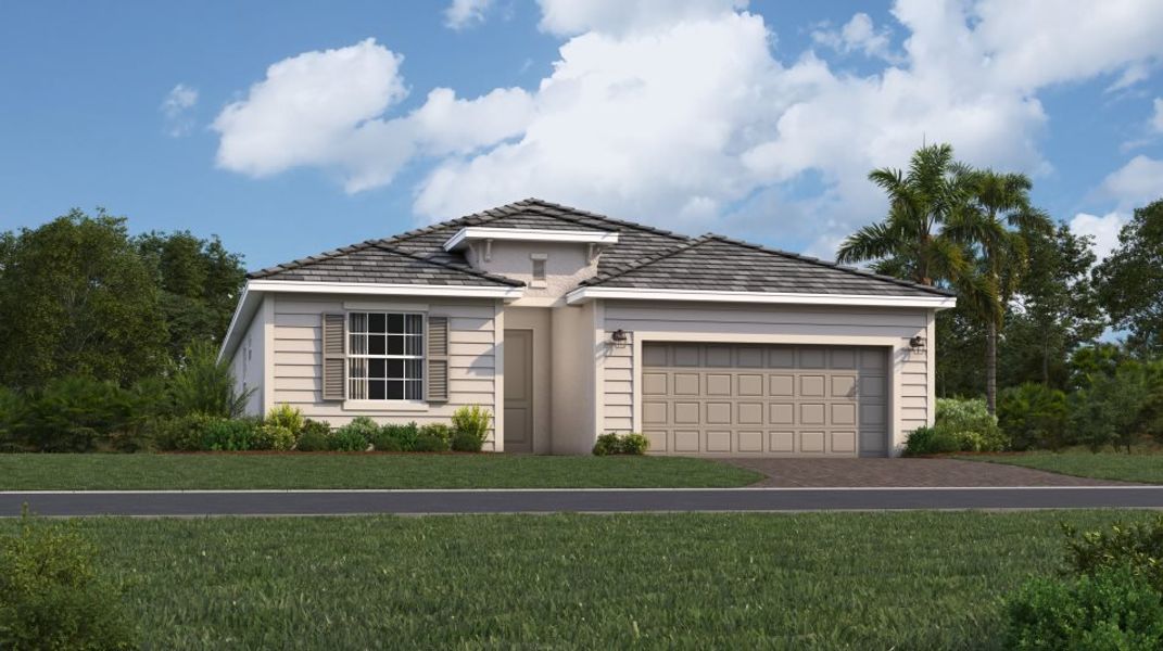 Front exterior of a new home in Harbor East: Executive Homes, Port Charlotte, FL, highlighting curb appeal (Image 1).