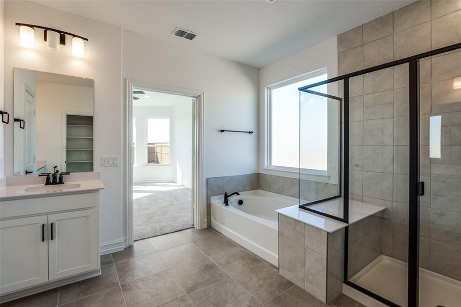 Bathroom with vanity, a healthy amount of sunlight, and separate shower and tub