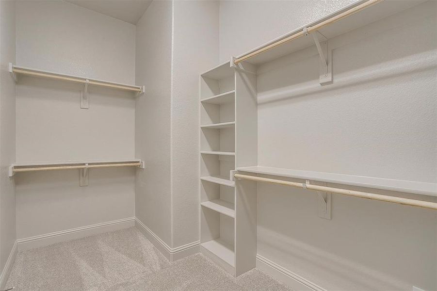 Walk in closet featuring light colored carpet