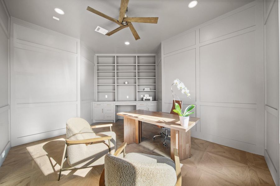 First floor study with custom, made on site, built ins