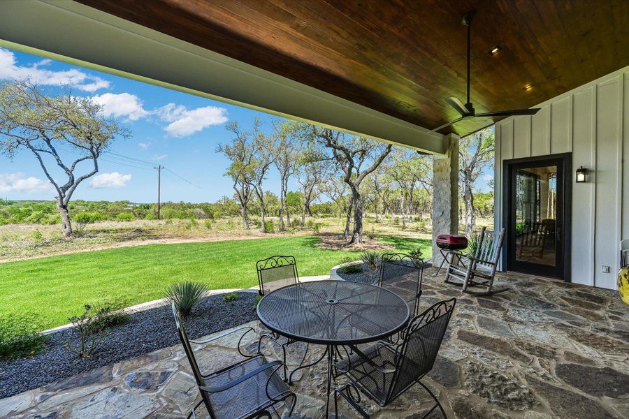 View of patio / terrace with ceiling fan and outdoor dining space