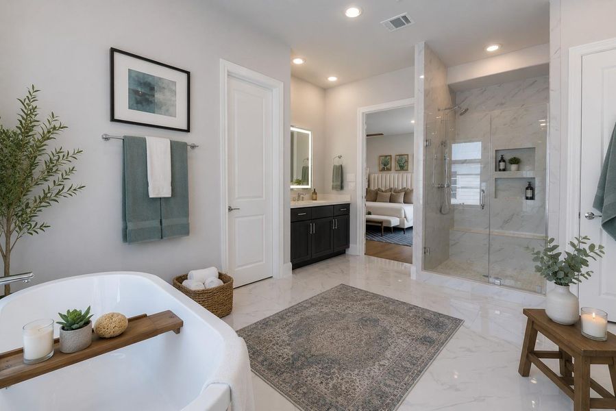 Separate free standing tub and shower in this massive primary bathroom! Virtual staging added. Separate free standing tub and shower in this massive primary bathroom! Virtual staging added.