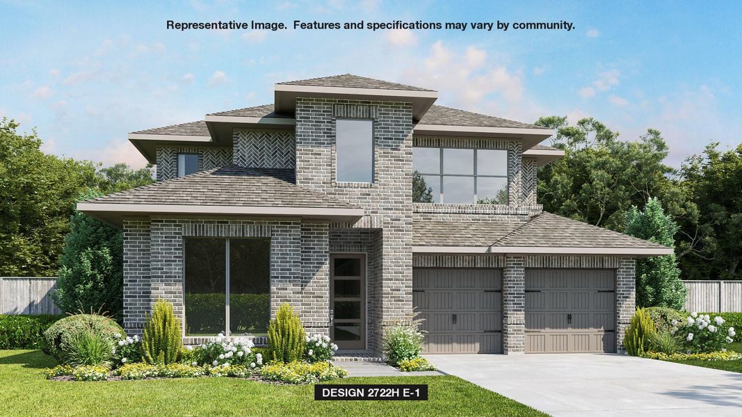 View of front of house featuring brick siding, concrete driveway, a shingled roof, and a garage