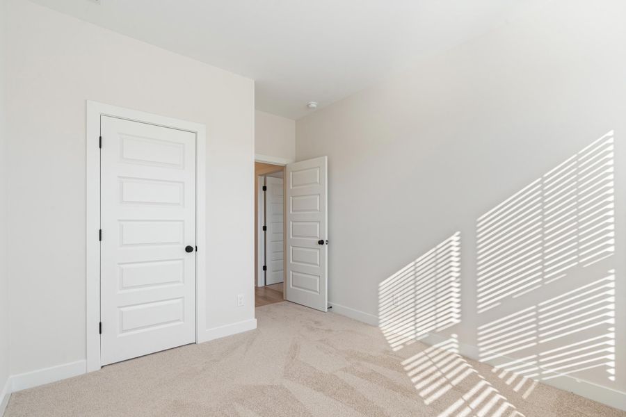 Neutral-toned wall finishes, paneled interior doors with matte black hardware, and soft pile carpeting