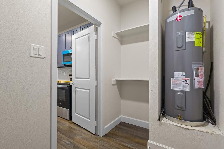 Utility room featuring water heater