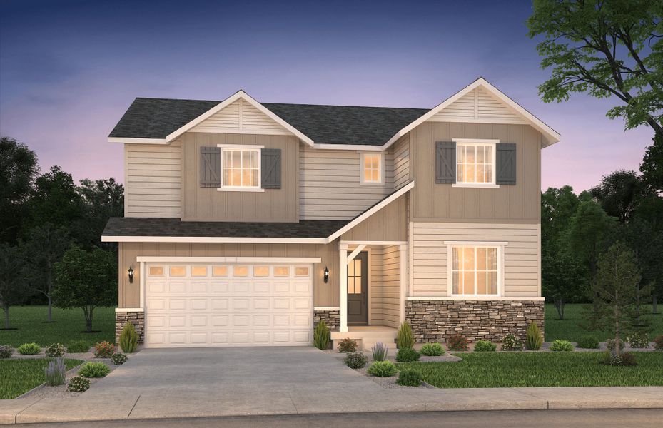 Front exterior of a new home in Harvest Crossing, Aurora, CO, highlighting curb appeal (Image 1). Front exterior of a new home in Harvest Crossing, Aurora, CO, highlighting curb appeal (Image 1).