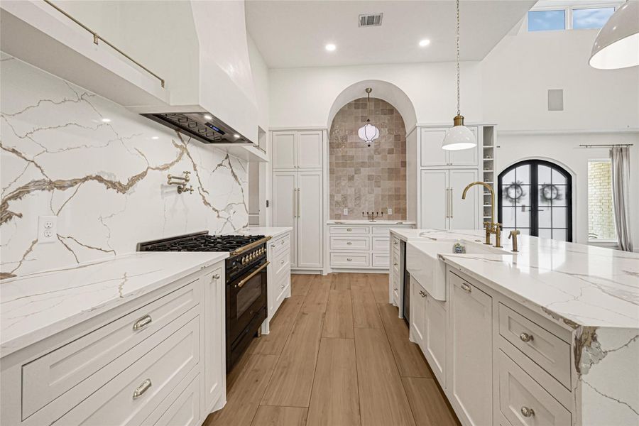 Show stopping black and gold range complemented by a brass pot filler, custom vent hood and striking designer backsplash.
