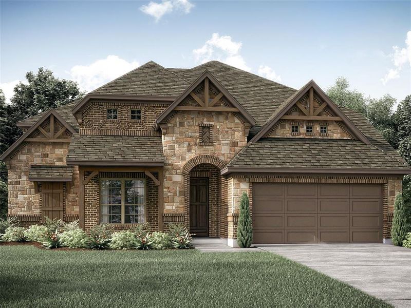 Tudor home featuring a garage and a front lawn