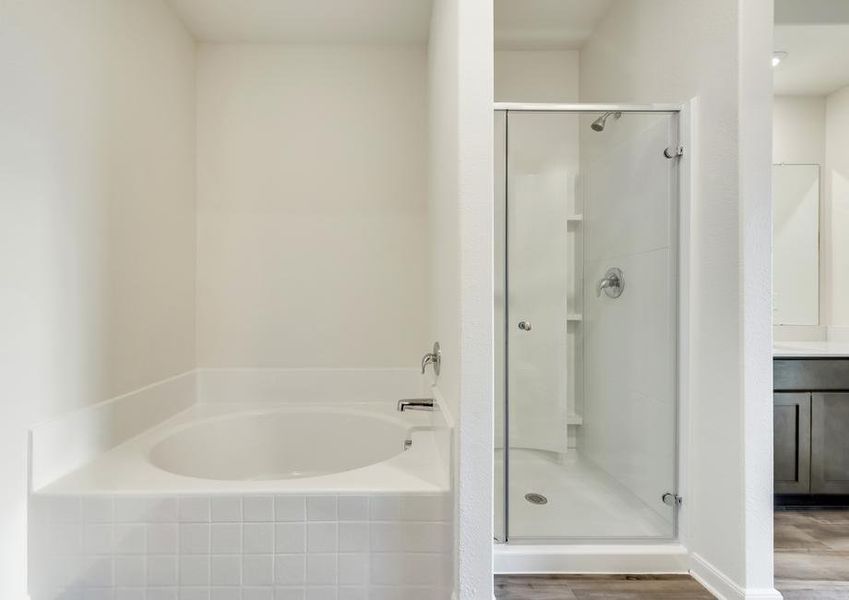 The master bath has a large soaker tub and a glass enclosed shower.