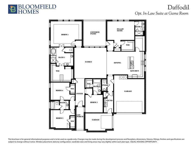 Bloomfield Homes Daffodil floor plan with optional in-law suite, four bedrooms, kitchen, family room, and two-car garage. Bloomfield Homes Daffodil floor plan with optional in-law suite, four bedrooms, kitchen, family room, and two-car garage.