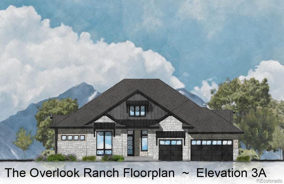 Rare Ranch Floorplan - The Overlook Plan Elevation 3A - 2nd Story Windows are for Dramatic Look Only