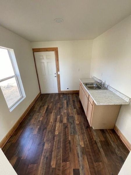 Kitchen featuring dark wood-type flooring, baseboards, and a sink