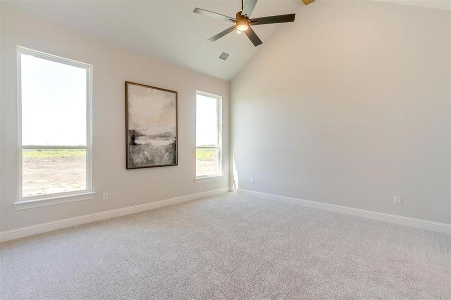 Carpeted spare room featuring ceiling fan and lofted ceiling