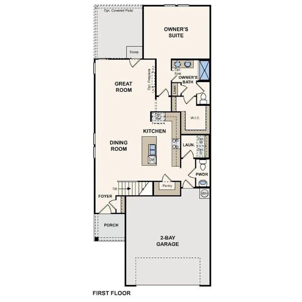 Floor plan showcasing a thoughtfully designed first floor with a spacious kitchen and owner's suite. Floor plan showcasing a thoughtfully designed first floor with a spacious kitchen and owner's suite.
