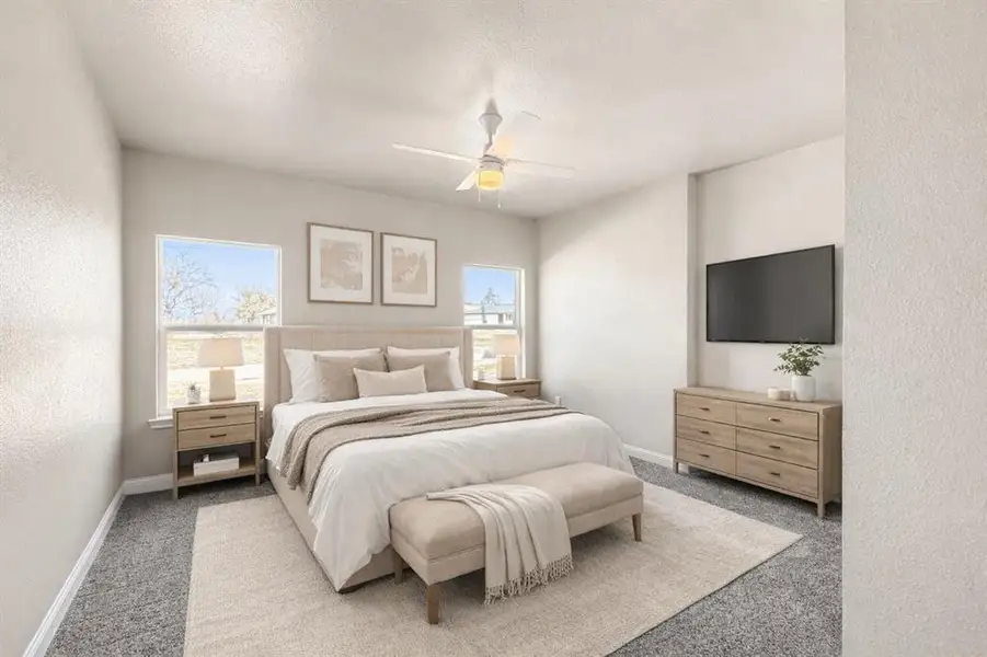Bedroom featuring a textured wall, carpet floors, ceiling fan, and a textured ceiling
