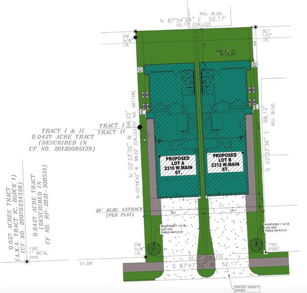 This image is a site plan showing two proposed residential lots, labeled Lot A (2310 W. Main St.) and Lot B (2312 W. Main St.). The layout includes driveways, building setbacks, and green space. Each lot is rectangular and adjacent, with clear property boundaries marked. This image is a site plan showing two proposed residential lots, labeled Lot A (2310 W. Main St.) and Lot B (2312 W. Main St.). The layout includes driveways, building setbacks, and green space. Each lot is rectangular and adjacent, with clear property boundaries marked.
