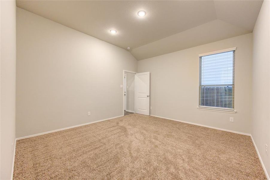 Master bedroom has a high vaulted ceiling