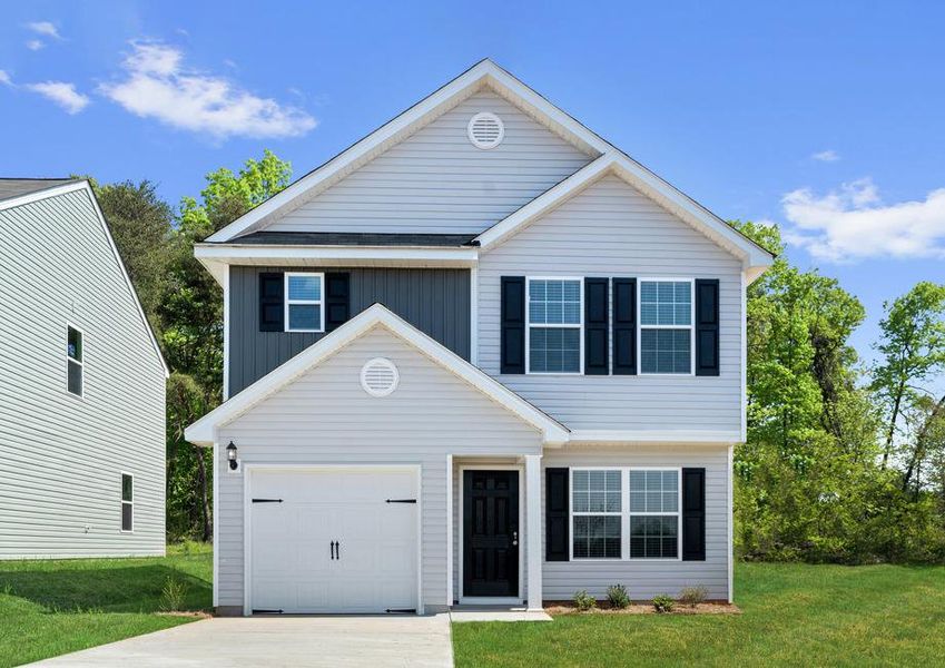 Head on shot of the Anson with all vinyl siding, covered entryway and a one-car garage.