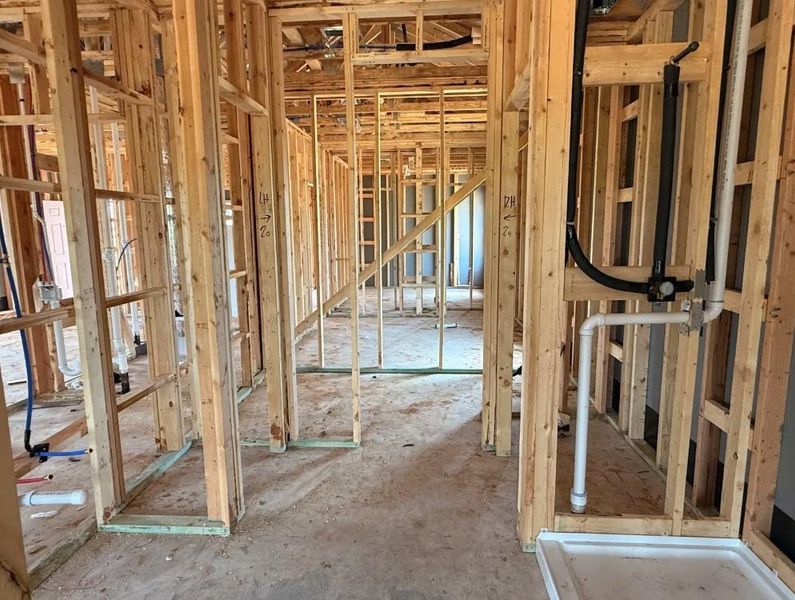 Primary bathroom with double sink vanity, walk in shower and walk in closet