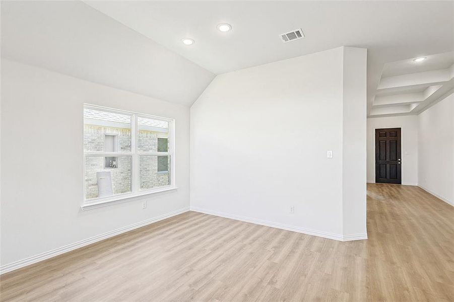 Unfurnished room with light hardwood / wood-style floors and vaulted ceiling