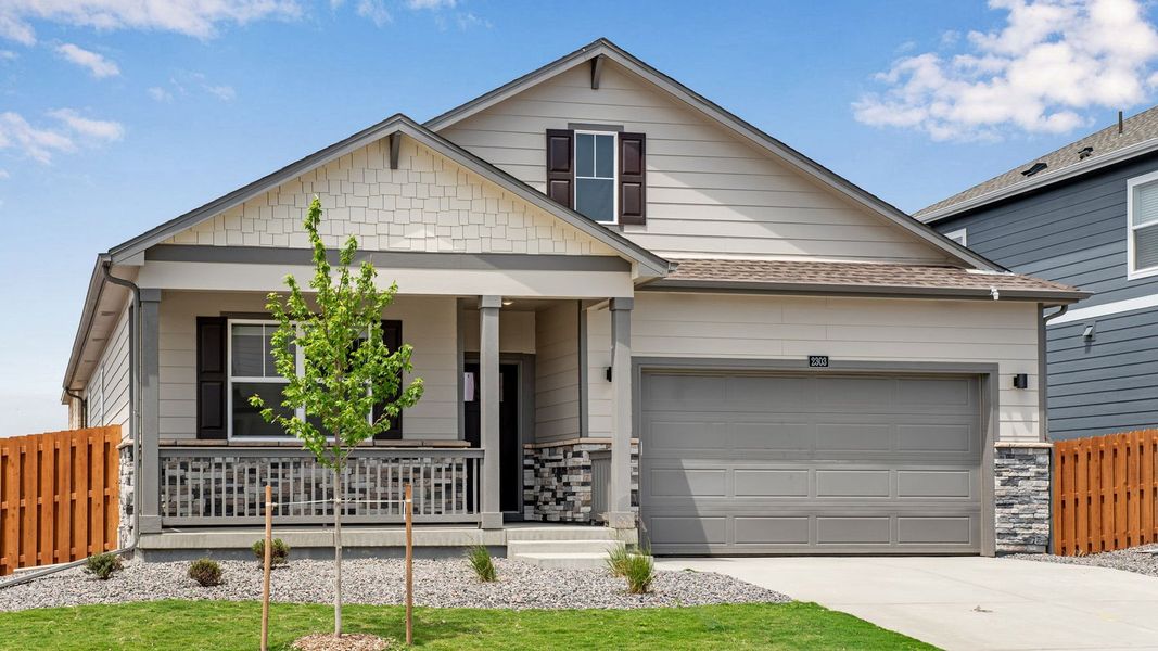 Front exterior of a new home in Vista Meadows, Fort Lupton, CO, highlighting curb appeal (Image 1). Front exterior of a new home in Vista Meadows, Fort Lupton, CO, highlighting curb appeal (Image 1).