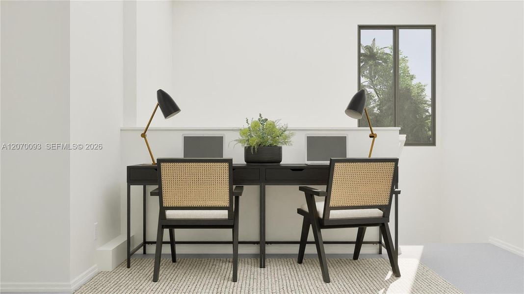 Upstairs is an intimate loft space that can host a work desk for studying and homework, as it’s shown here.