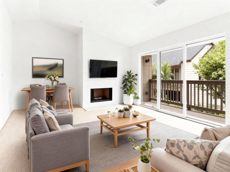 Living room with nearly floor-height three-panel sliders flooding the space with natural light. *Virtually Staged Living room with nearly floor-height three-panel sliders flooding the space with natural light. *Virtually Staged