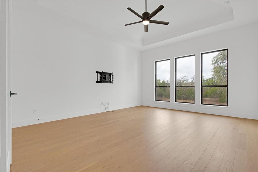 Flew room featuring a raised tray ceiling, light hardwood flooring, a ceiling fan, and scenic, greenbelt view