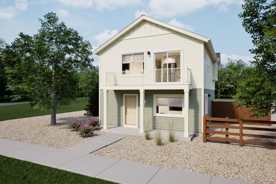 Front exterior of a new home in Reunion, Commerce City, CO, highlighting curb appeal (Image 1). Front exterior of a new home in Reunion, Commerce City, CO, highlighting curb appeal (Image 1).