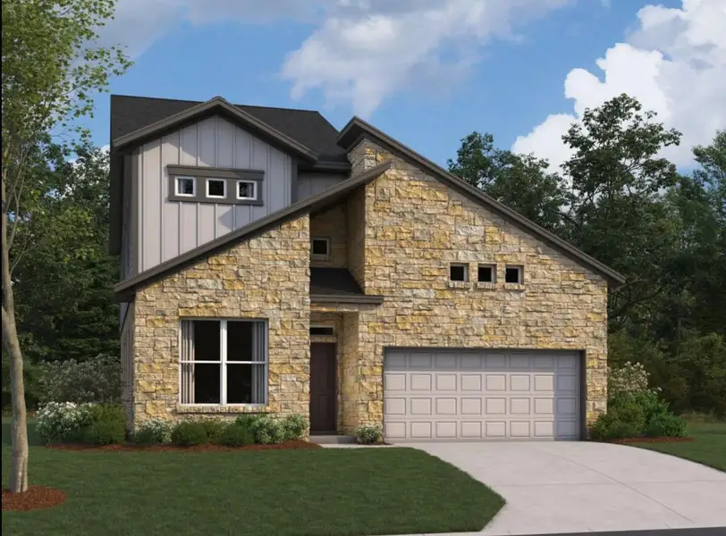 Front exterior of a new home in Estancia West, Manchaca, TX, highlighting curb appeal (Image 2). Front exterior of a new home in Estancia West, Manchaca, TX, highlighting curb appeal (Image 2).