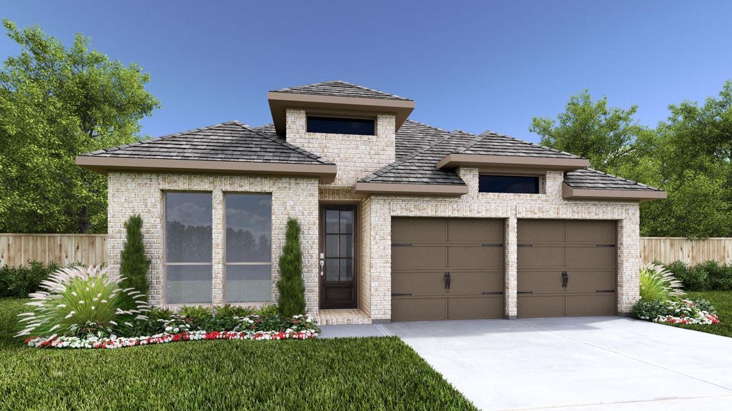 Front exterior of a new home in Marvida 45' - Gated, Cypress, TX, highlighting curb appeal (Image 1).