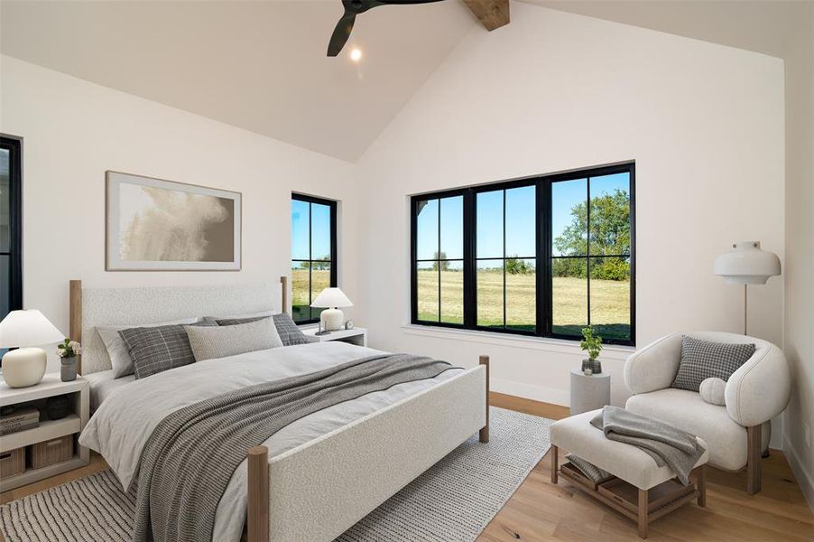 Virtually staged room with beamed ceiling, high vaulted ceiling, light hardwood / wood-style floors, and ceiling fan