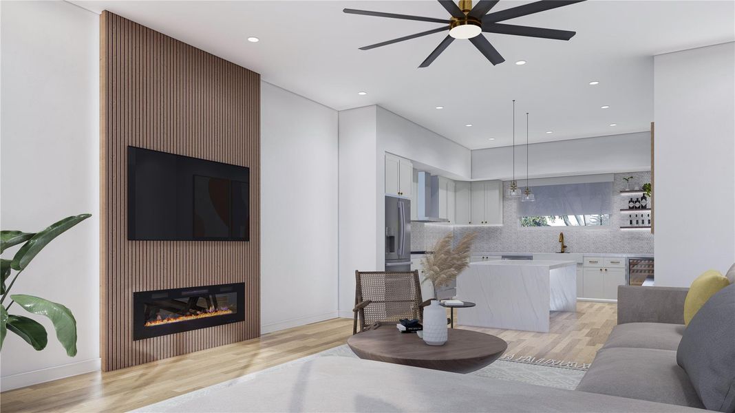 This is an inspirational virtual rendering of the living room - finishes are subject to change without notice. The waterfall countertop on the island and fireplace with accent wall is an upgrade. This is an inspirational virtual rendering of the living room - finishes are subject to change without notice. The waterfall countertop on the island and fireplace with accent wall is an upgrade.