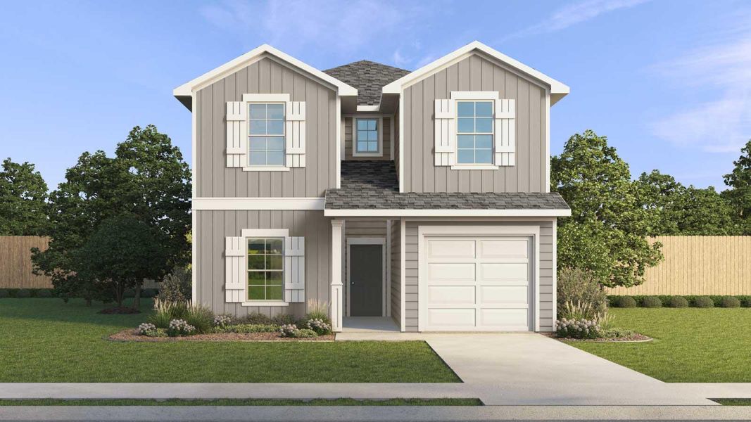 Front exterior of a new home in Marigold, Uhland, TX, highlighting curb appeal (Image 15).