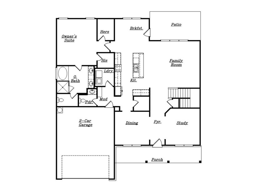 2D floor plan layout for the (GA) The Brooks | Front Entry by Reliant Homes in Red Oak Ridge, Loganville, GA (Image 3).
