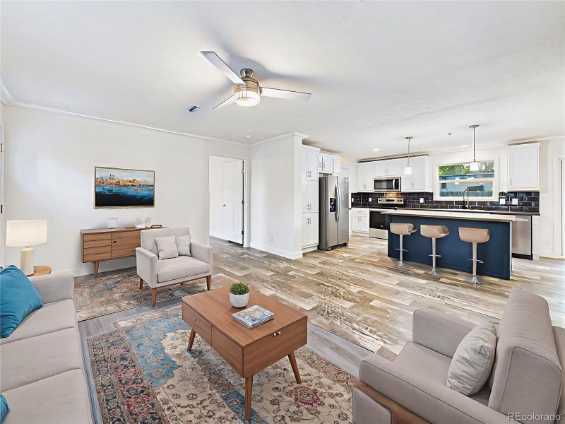 Virtually Staged versions show flexible layouts for living and dining areas.