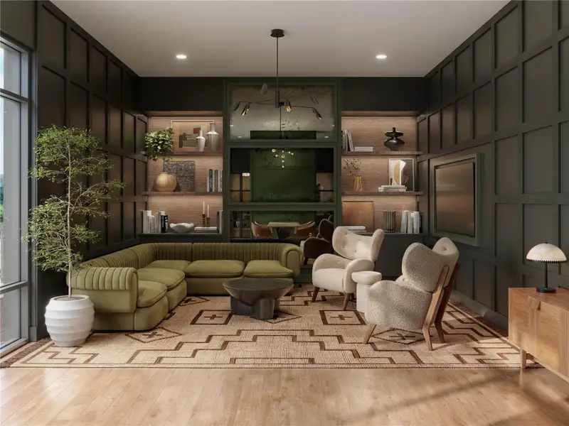 Modern resident lounge with seating and work areas