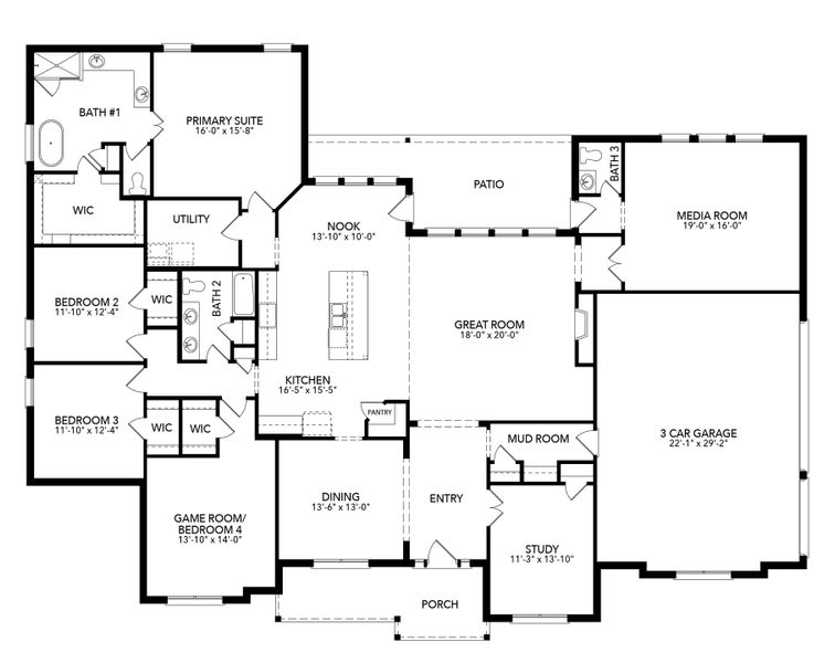 2D floor plan layout for the El Dorado by Sandlin Homes in Joshua Meadows, Joshua, TX (Image 3). 2D floor plan layout for the El Dorado by Sandlin Homes in Joshua Meadows, Joshua, TX (Image 3).