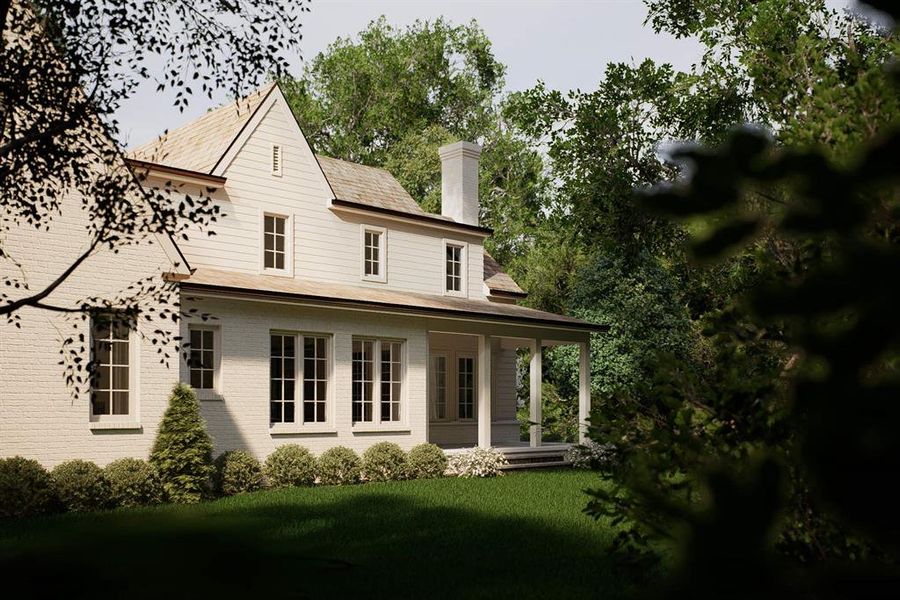Back of house featuring a chimney, covered porch, brick siding, and a lawn