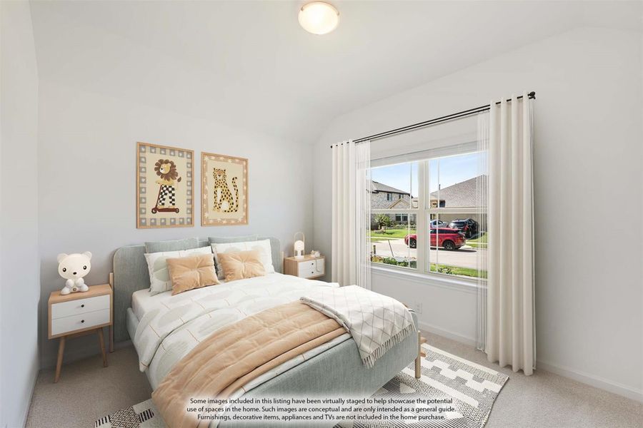 Children's bedroom with vaulted ceiling, carpet flooring, large window, and animal-themed wall art Children's bedroom with vaulted ceiling, carpet flooring, large window, and animal-themed wall art